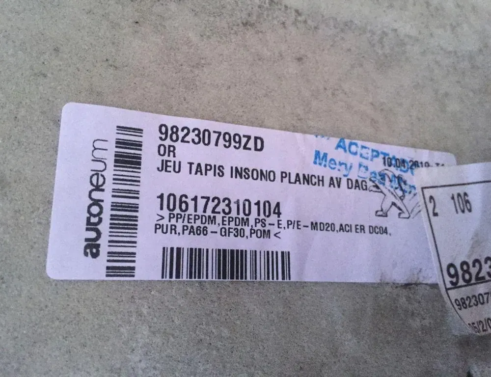 PEUGEOT Partner 2 generation (2008-2023) Belső lábtörlő 98230799ZD 34351712